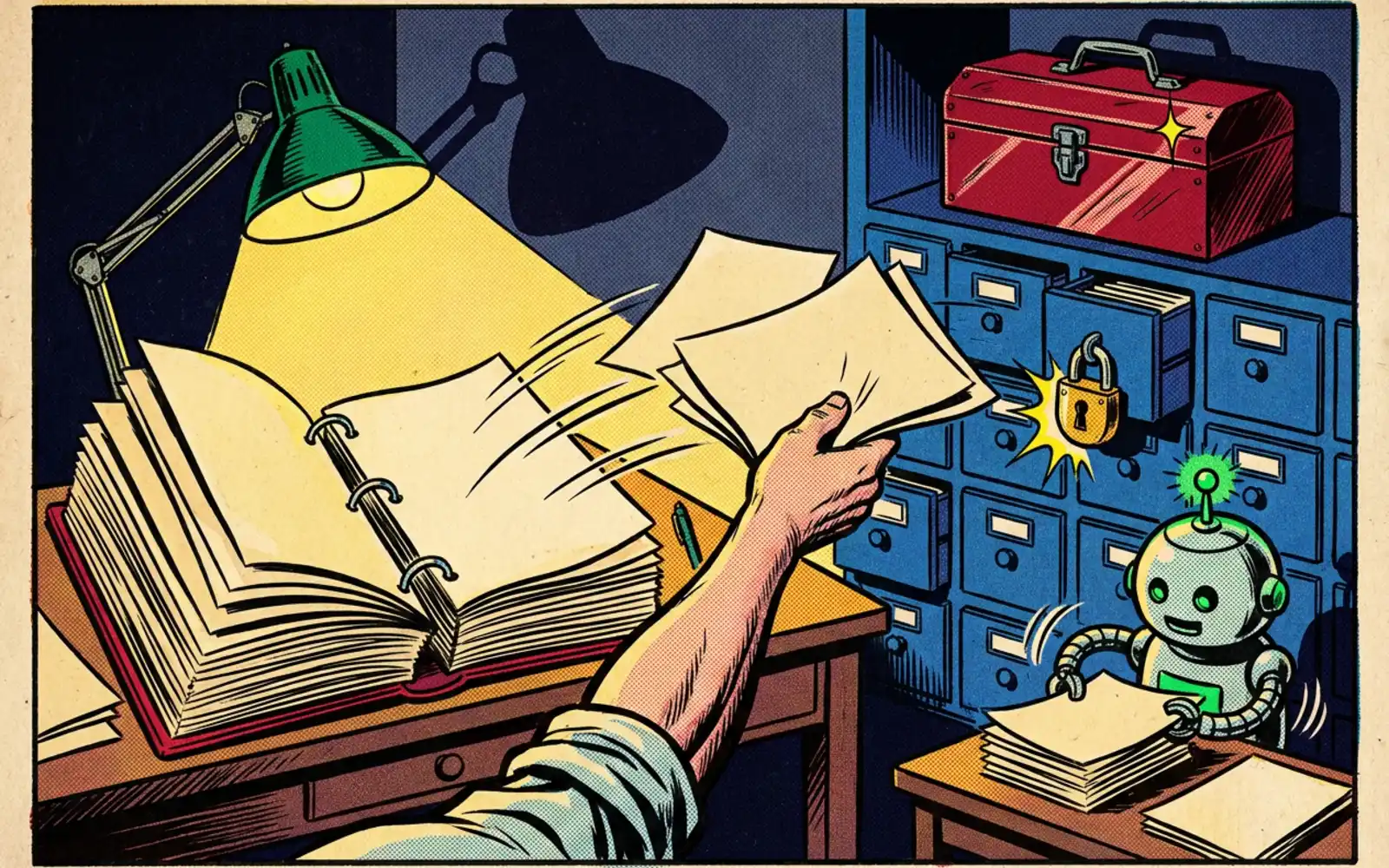 A hand moving pages from an overstuffed binder into small drawers, one padlocked, with a toolbox on a shelf and a small helper working at a side table