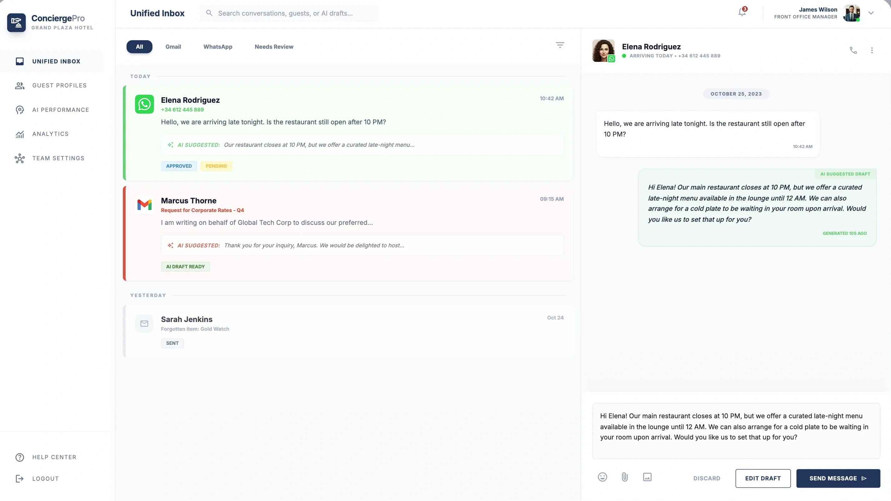 AI agent automation dashboard for hotel guest communication