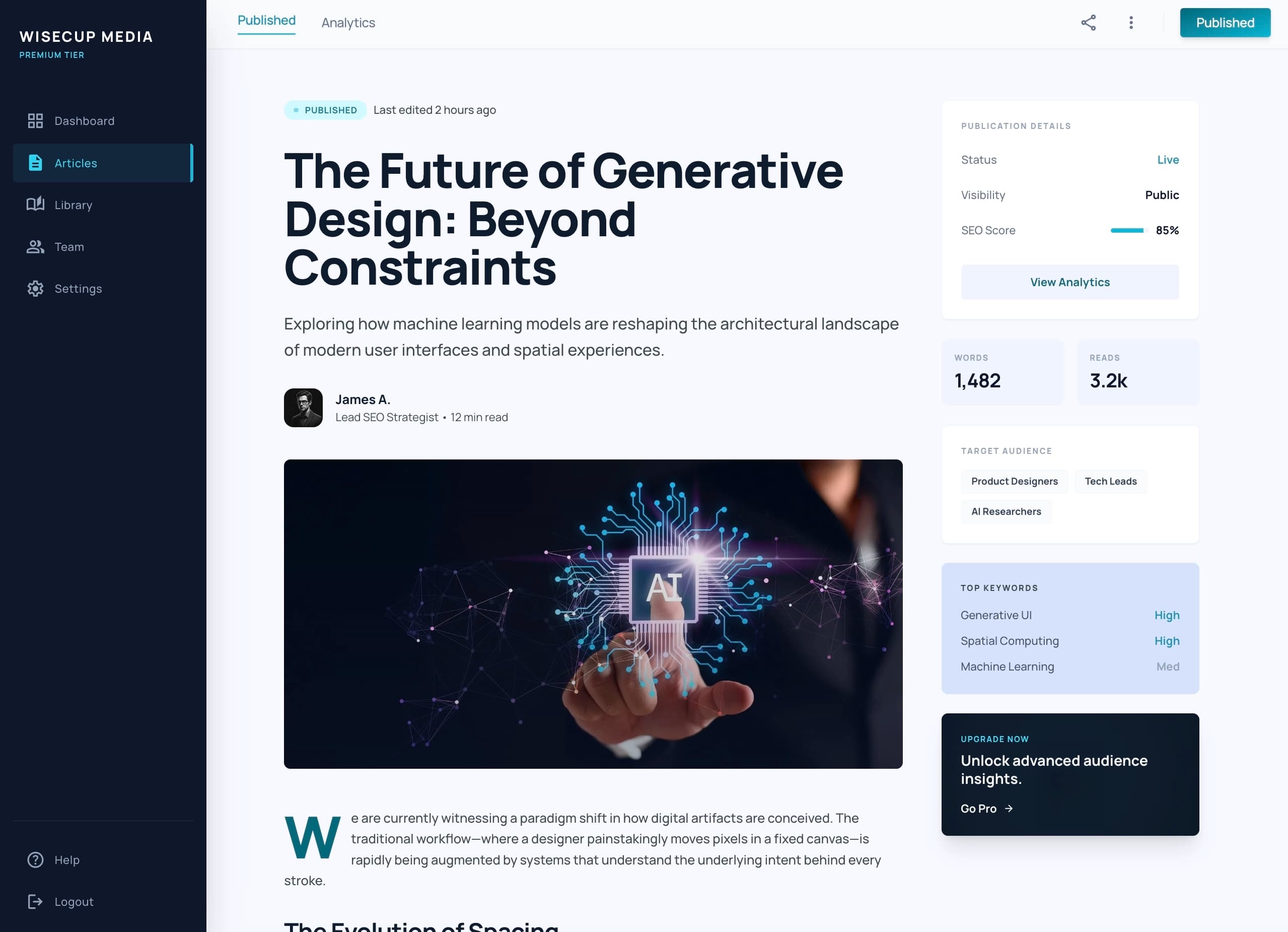 WiseCup Media SEO writing platform interface